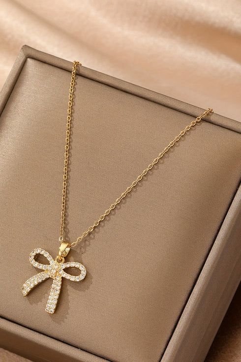 Elegant Plated Titanium Steel Rhinestone Bowknot Pendant Necklace