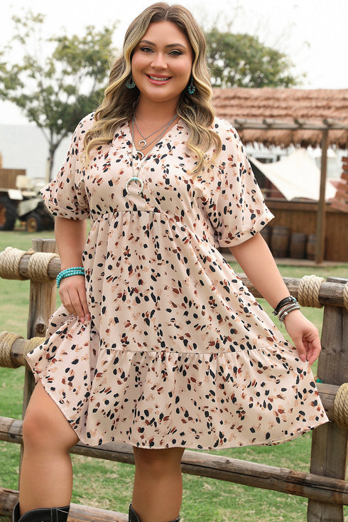 Elegant Polka Dot Surplice Empire Waist Plus Size Mini Dress