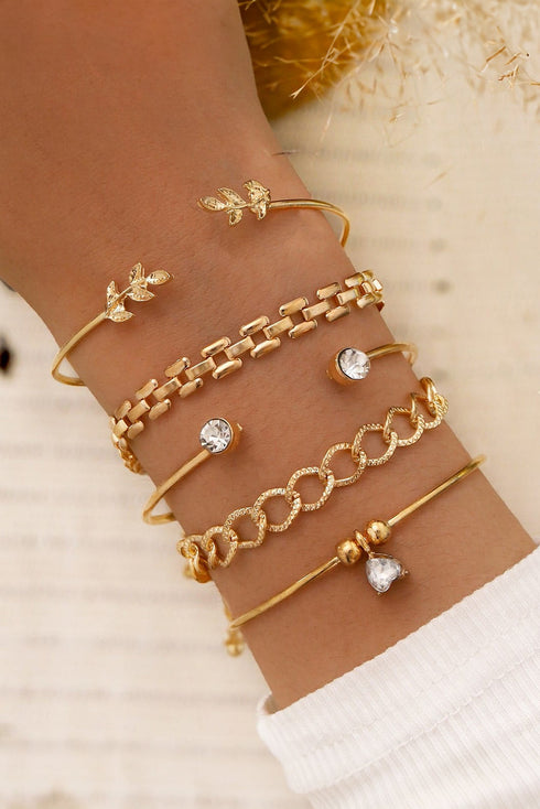 Elegant Rhinestone Leaf Heart Charm Adjustable Bracelet Set