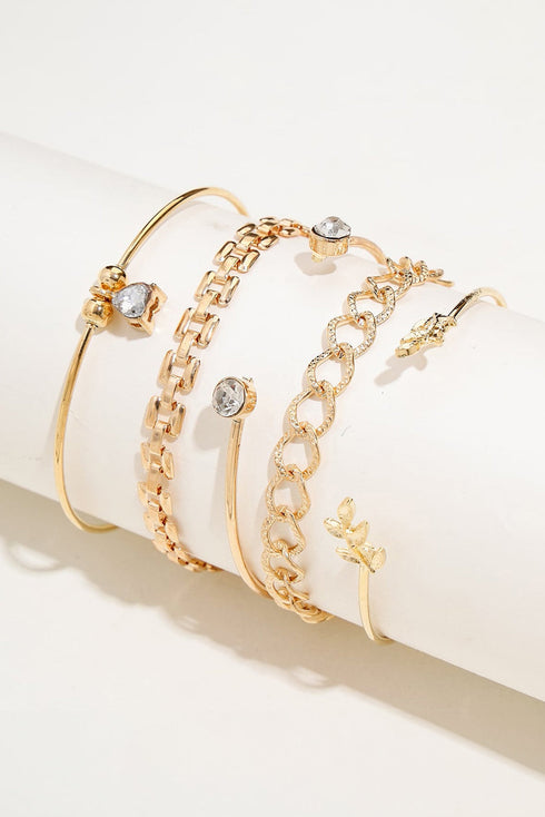 Elegant Rhinestone Leaf Heart Charm Adjustable Bracelet Set