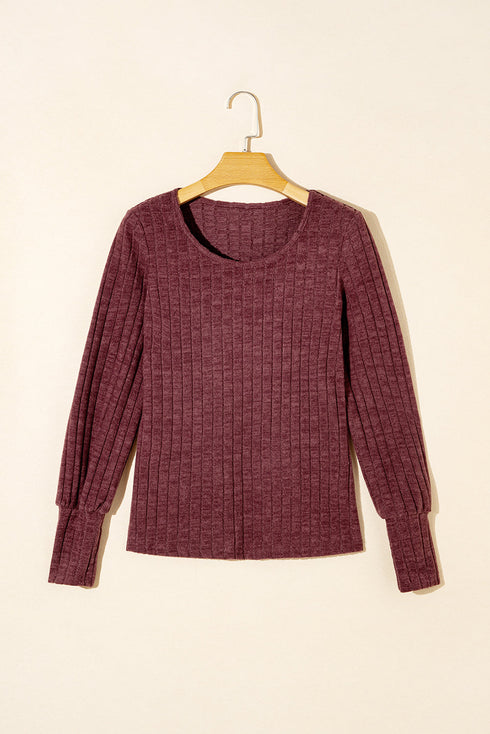 Elegant Ribbed Knit Round Neck Bishop Sleeve Top