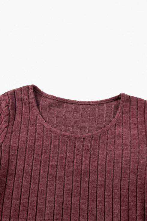 Elegant Ribbed Knit Round Neck Bishop Sleeve Top
