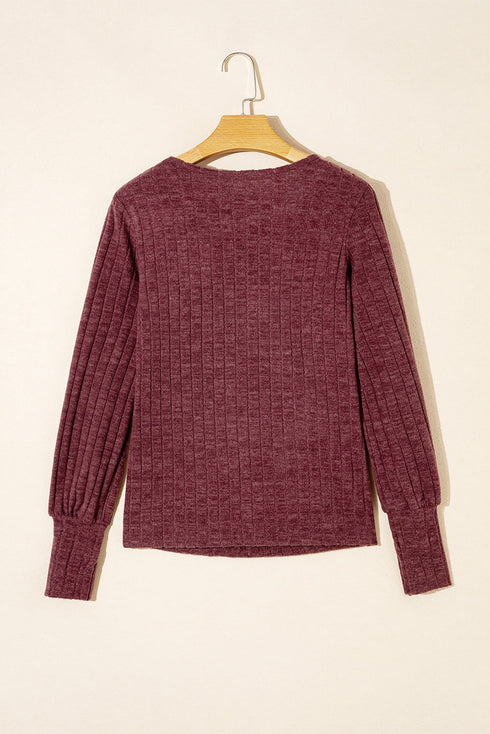 Elegant Ribbed Knit Round Neck Bishop Sleeve Top