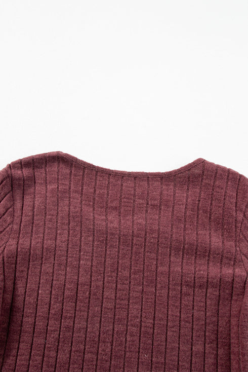 Elegant Ribbed Knit Round Neck Bishop Sleeve Top