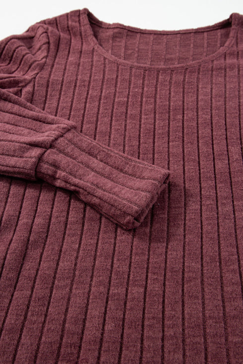 Elegant Ribbed Knit Round Neck Bishop Sleeve Top