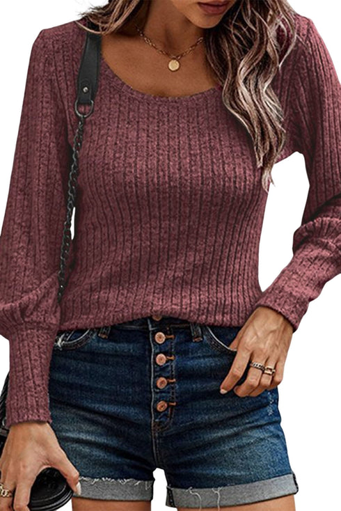 Elegant Ribbed Knit Round Neck Bishop Sleeve Top