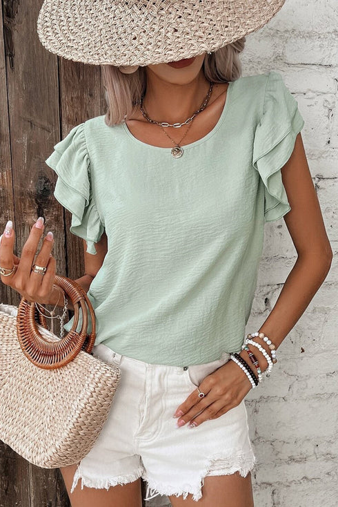 Elegant Round Neck Short Ruffle Sleeve Blouse