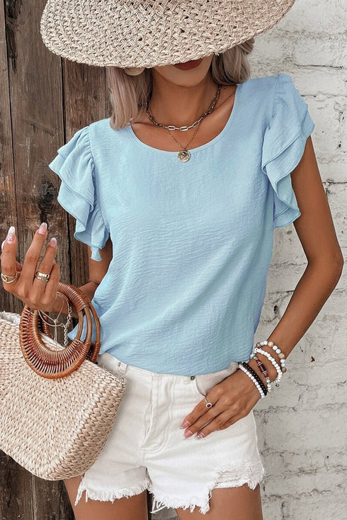 Elegant Round Neck Short Ruffle Sleeve Blouse