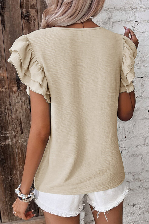 Elegant Round Neck Short Ruffle Sleeve Blouse