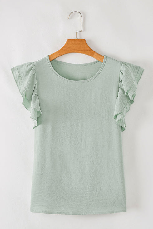 Elegant Round Neck Short Ruffle Sleeve Blouse