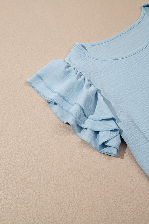 Elegant Round Neck Short Ruffle Sleeve Blouse