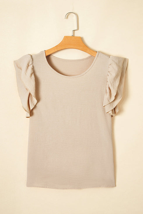 Elegant Round Neck Short Ruffle Sleeve Blouse