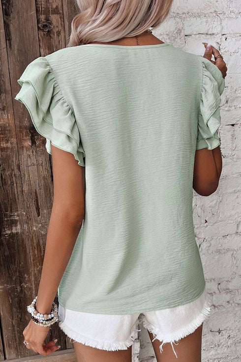 Elegant Round Neck Short Ruffle Sleeve Blouse
