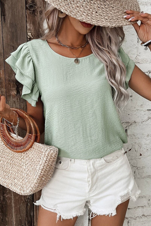 Elegant Round Neck Short Ruffle Sleeve Blouse