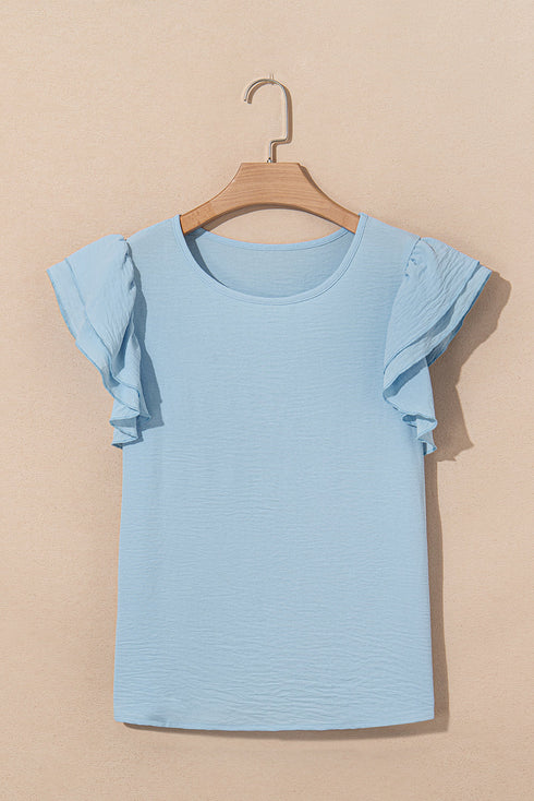 Elegant Round Neck Short Ruffle Sleeve Blouse