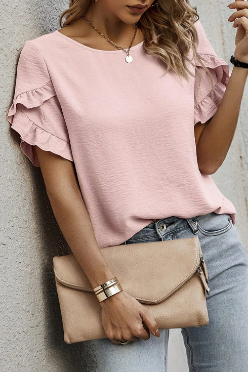 Elegant Ruffle Trim Detail Short Sleeve Blouse