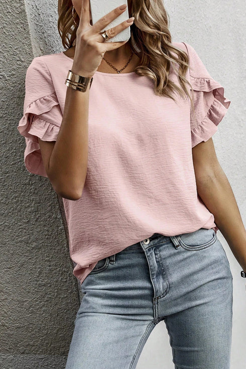 Elegant Ruffle Trim Detail Short Sleeve Blouse