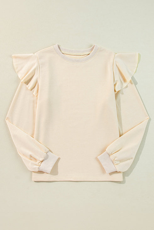 Elegant Ruffled Shoulder Long Sleeve Round Neck Blouse