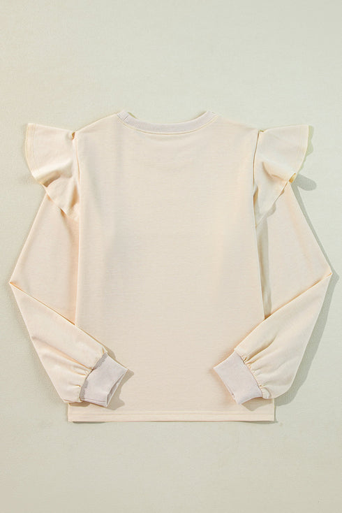 Elegant Ruffled Shoulder Long Sleeve Round Neck Blouse