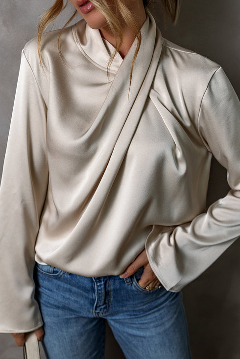 Elegant Satin Cross Front Long Sleeve Slit Back Blouse