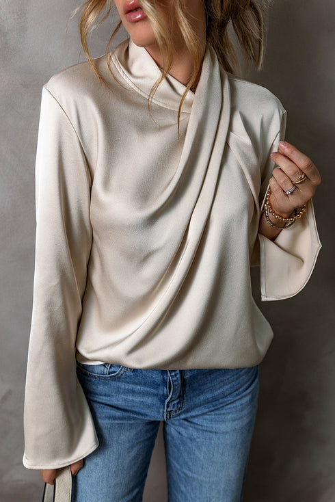 Elegant Satin Cross Front Long Sleeve Slit Back Blouse