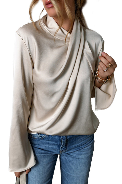 Elegant Satin Cross Front Long Sleeve Slit Back Blouse