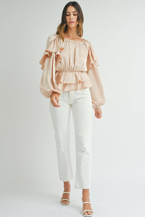 Elegant Satin Ruffled Peplum Long Sleeve Tie Back Blouse