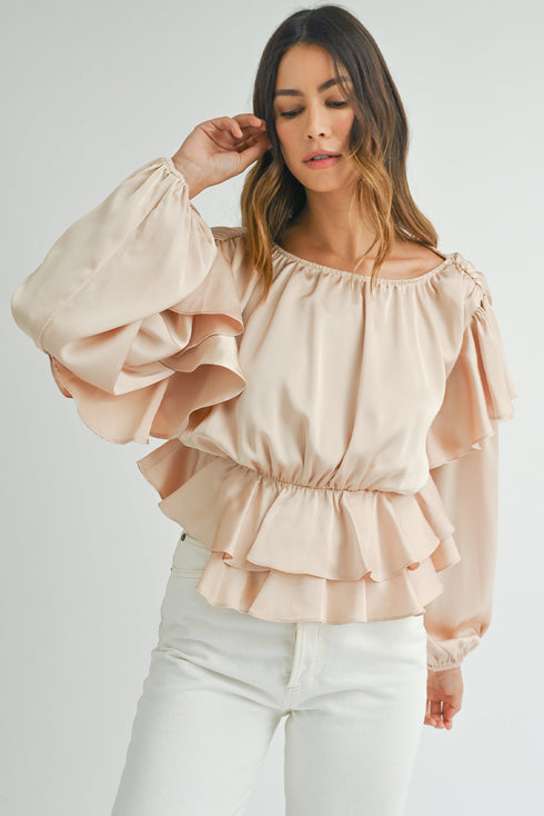 Elegant Satin Ruffled Peplum Long Sleeve Tie Back Blouse