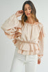 Elegant Satin Ruffled Peplum Long Sleeve Tie Back Blouse