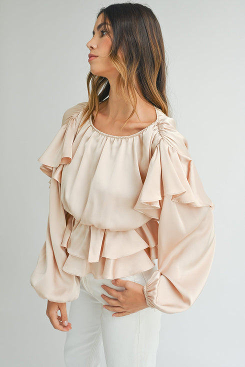 Elegant Satin Ruffled Peplum Long Sleeve Tie Back Blouse
