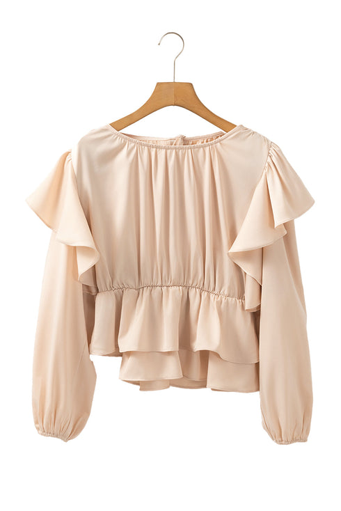 Elegant Satin Ruffled Peplum Long Sleeve Tie Back Blouse