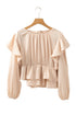 Elegant Satin Ruffled Peplum Long Sleeve Tie Back Blouse