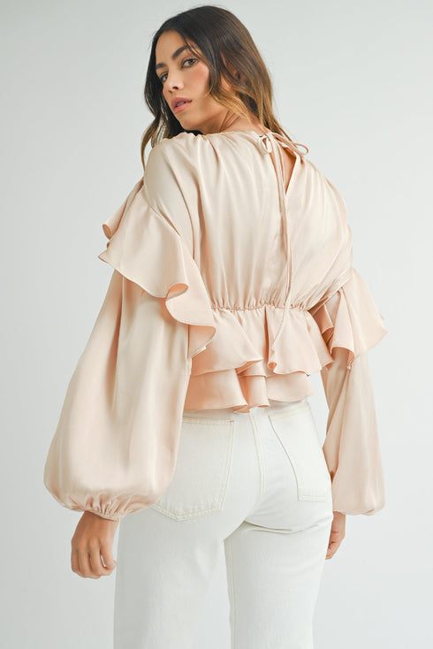 Elegant Satin Ruffled Peplum Long Sleeve Tie Back Blouse