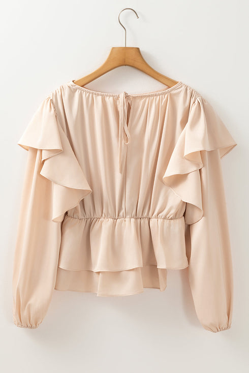Elegant Satin Ruffled Peplum Long Sleeve Tie Back Blouse