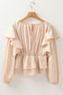 Elegant Satin Ruffled Peplum Long Sleeve Tie Back Blouse