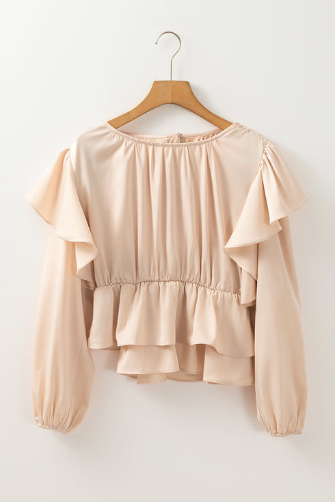 Elegant Satin Ruffled Peplum Long Sleeve Tie Back Blouse