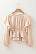 Elegant Satin Ruffled Peplum Long Sleeve Tie Back Blouse