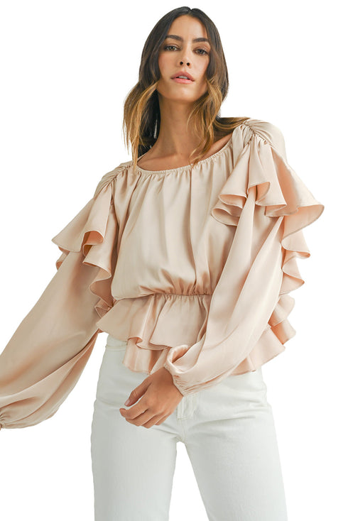 Elegant Satin Ruffled Peplum Long Sleeve Tie Back Blouse