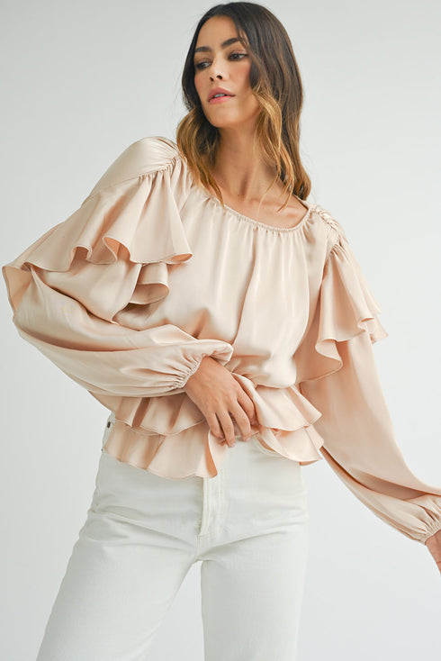 Elegant Satin Ruffled Peplum Long Sleeve Tie Back Blouse