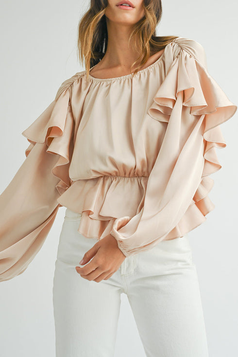Elegant Satin Ruffled Peplum Long Sleeve Tie Back Blouse