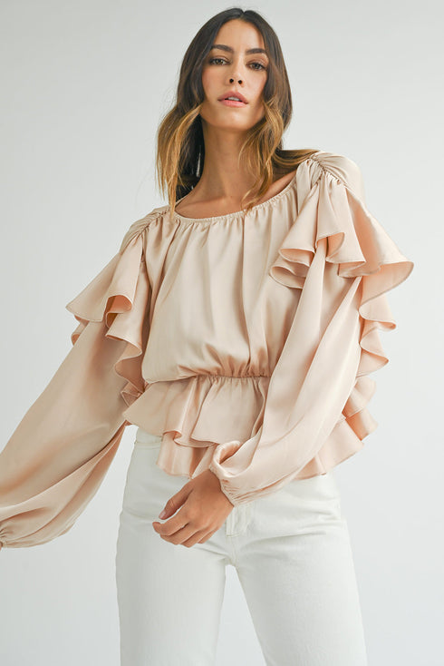 Elegant Satin Ruffled Peplum Long Sleeve Tie Back Blouse