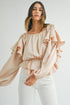 Elegant Satin Ruffled Peplum Long Sleeve Tie Back Blouse