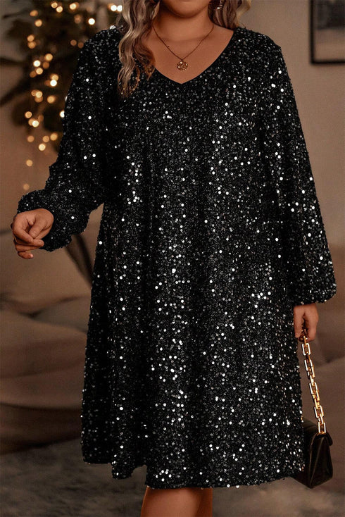 Elegant Sequin Bubble Sleeve V Neck Straight Mini Dress