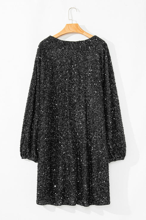 Elegant Sequin Bubble Sleeve V Neck Straight Mini Dress
