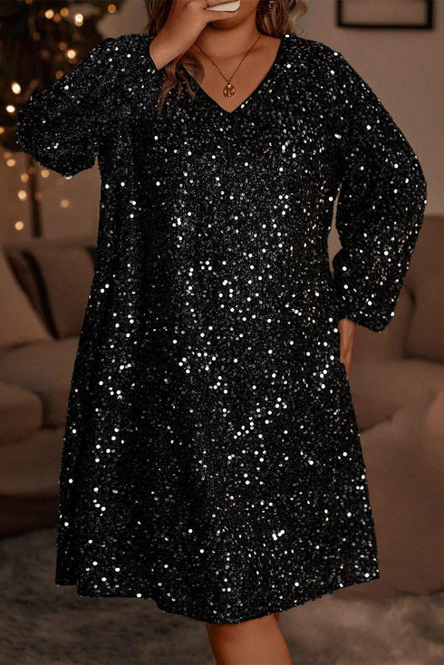 Elegant Sequin Bubble Sleeve V Neck Straight Mini Dress