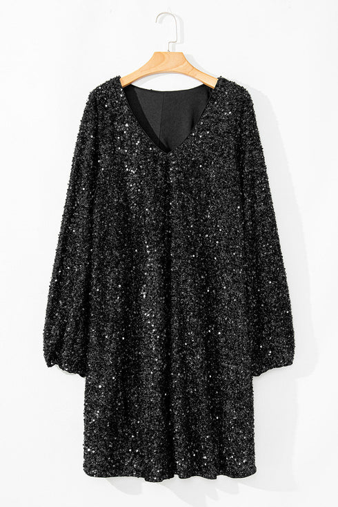 Elegant Sequin Bubble Sleeve V Neck Straight Mini Dress