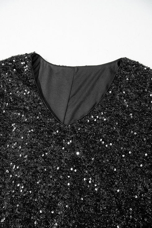 Elegant Sequin Bubble Sleeve V Neck Straight Mini Dress