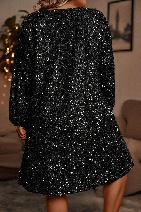 Elegant Sequin Bubble Sleeve V Neck Straight Mini Dress