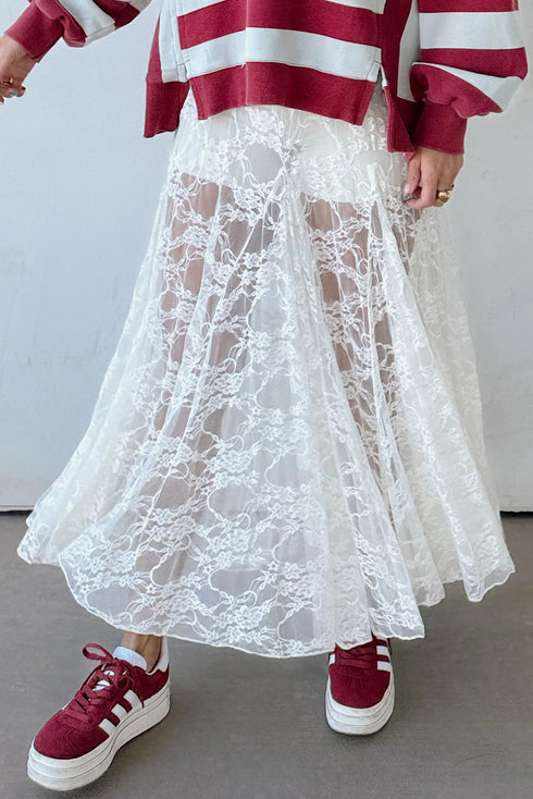 Elegant Sheer Floral Lace Flowy Maxi Skirt