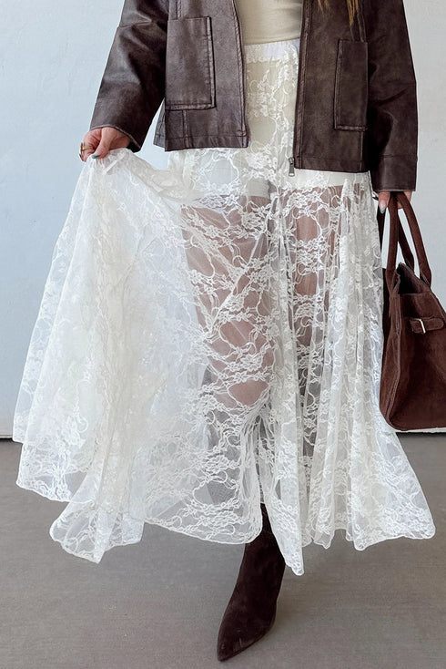 Elegant Sheer Floral Lace Flowy Maxi Skirt